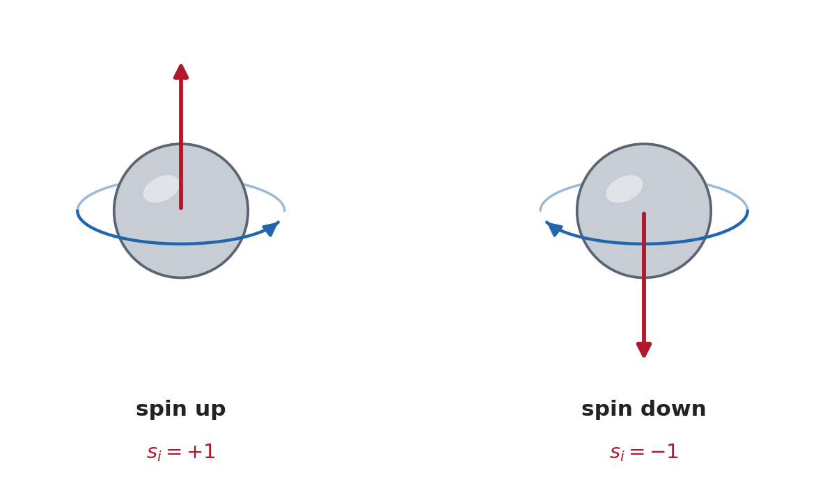 Two mirror-image cartoons of a classical spin, each a sphere with a rotation ring around its equator and a magnetic-moment arrow along the vertical rotation axis, perpendicular to the ring: on the left, counterclockwise rotation seen from above with the arrow pointing up, labeled 'spin up' and s_i = +1; on the right, clockwise rotation with the arrow pointing down, labeled 'spin down' and s_i = -1.